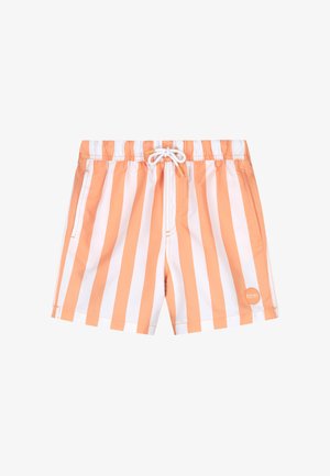 Shorts de înot ușori cu dungi verticale portocalii și albe, talie elastică, șnur ajustabil și un patch cu logo în colțul din dreapta jos.