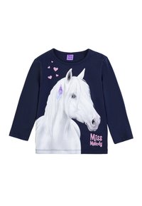 Maglietta a maniche lunghe blu navy con un grafico di un unicorno con criniera bianca e accenti viola, accompagnata da cuori rosa e il testo "Miss Melody".