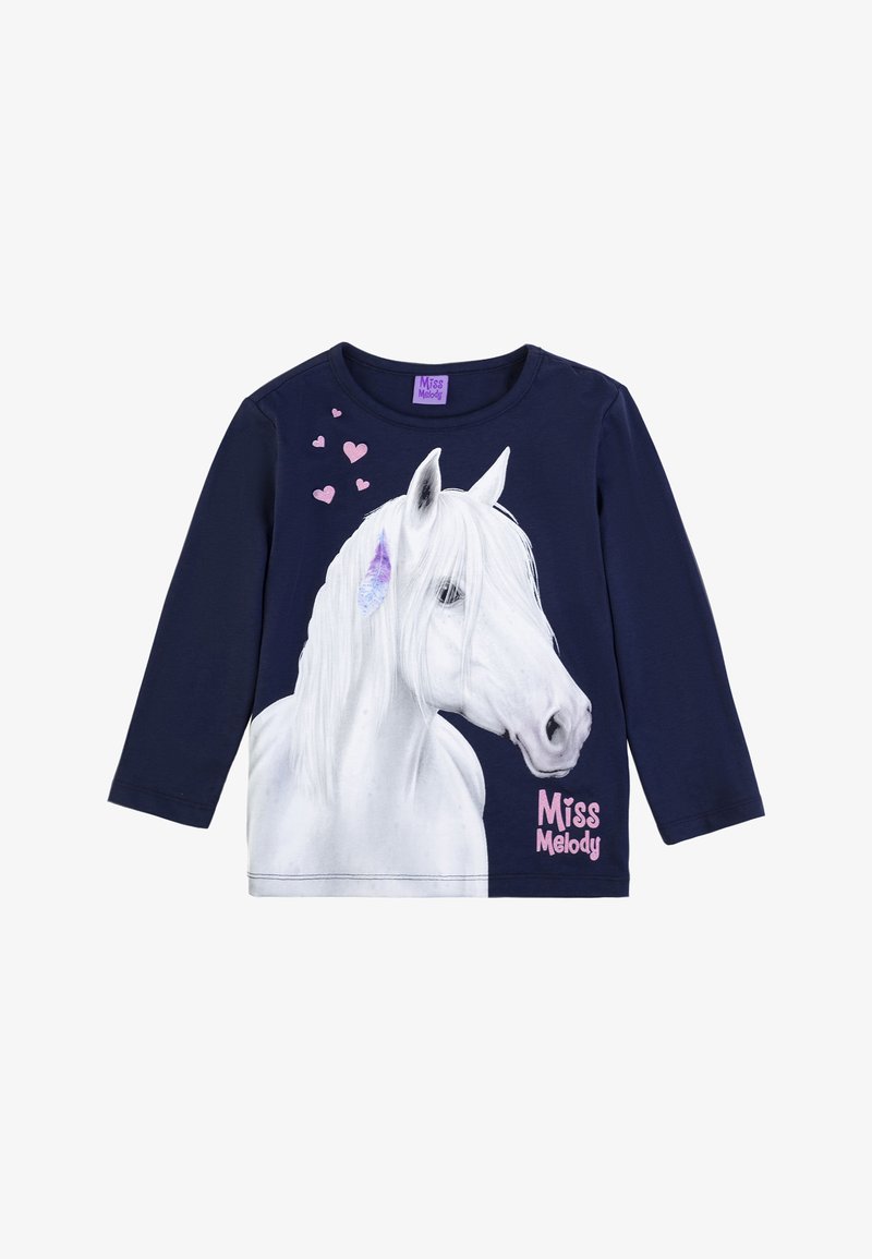 Maglietta a maniche lunghe blu navy con un grafico di un unicorno con criniera bianca e accenti viola, accompagnata da cuori rosa e il testo "Miss Melody".