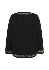 Veste matelassée noire à manches longues avec bordure brodée de feuilles beige sur le col, les poignets et l’ourlet, vue de dos.
