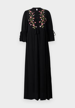 Abito maxi nero a maniche lunghe con maniche a sbuffo, ricamo floreale sul petto, scollo con coulisse e polsini svasati con laccetti.