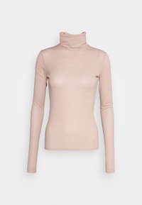 Helles rosa Langarmrollkragenoberteil aus glänzendem, leicht strukturiertem Stoff. Figurbetontes Design mit hohem Kragen und schmalen Ärmeln.