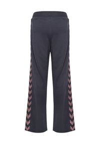 Ciemnoszare spodnie dresowe o szerokich nogawkach z różowymi paskami w kształcie szewrona biegnącymi wzdłuż zewnętrznych stron obu nogawek.