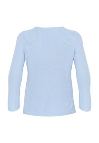 Hele sinine kudum-sweater pikade varrukatega, nähtud tagantpoolt, millel on lihtne ümmargune kaelus ja tekstuuriga kangas.
