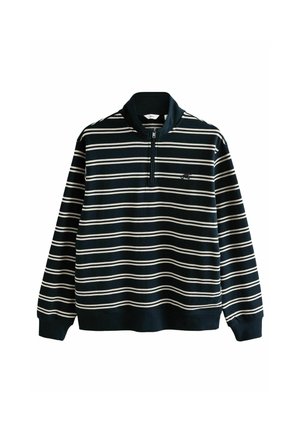 Mørkeblå pullover med hvide vandrette striber, der har en kvart lynlås i kraven og ribbede manchetter, lavet af blødt stof.