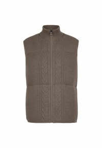 Braune Strickweste mit hohem Kragen und vorderem Reißverschluss. Verfügt über strukturierte Zopfmuster und eine taillierte Passform.