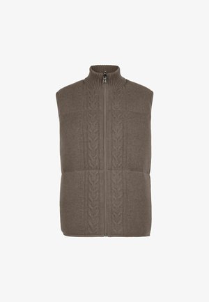 Braune Strickweste mit hohem Kragen und vorderem Reißverschluss. Verfügt über strukturierte Zopfmuster und eine taillierte Passform.