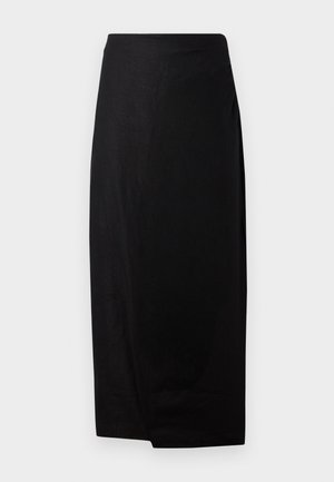 Juodas midi sijonas, pagamintas iš lygaus audinio, su aukštu liemeniu ir tiesiu kirpimu, šiek tiek krentantis ir turintis subtilią tekstūrą.