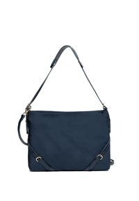 Marineblaue Nylon-Umhängetasche mit glatter Textur, verstellbaren Trägern, goldfarbenen Beschlägen und großzügigem rechteckigem Design.