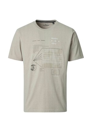 Lysebrun kortærmet t-shirt med gitter- og globusgrafik, tekst "Made for You," og ordene "Adventure Ocean Expedition" på forsiden.