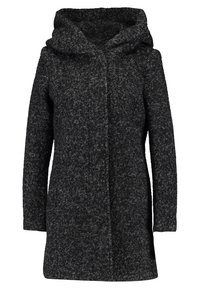 Cappotto in misto lana grigio scuro con cappuccio, caratterizzato da un motivo testurizzato, maniche lunghe e taglio dritto, chiusura frontale senza chiusure visibili.