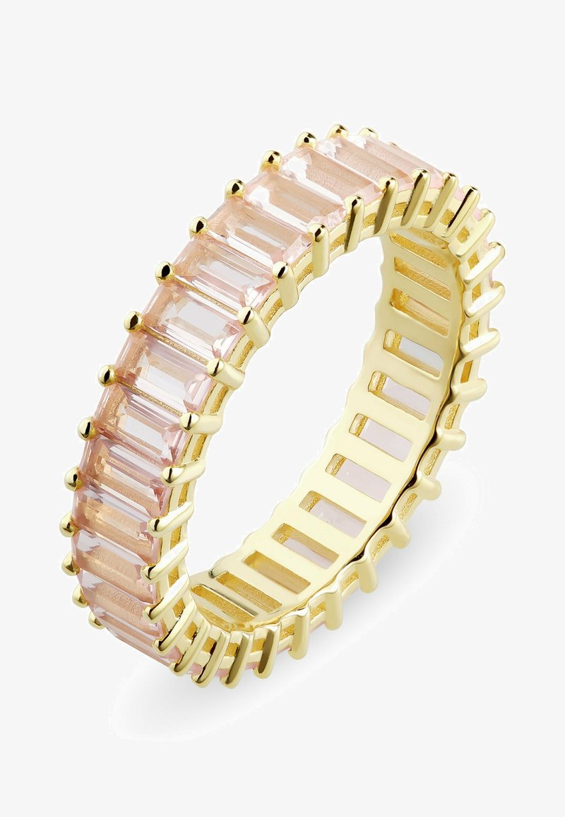 Bague en or avec des pierres précieuses rectangulaires roses montées tout autour dans un design continu de bande d'éternité sertie de griffes.