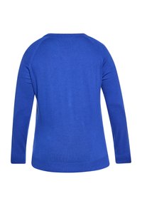 Maglione azzurro a maniche lunghe, realizzato in un tessuto a maglia morbido. Presenta un colletto rotondo e polsini e orlo a costine per una maggiore texture.