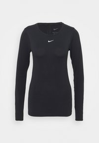 Maglietta atletica nera a maniche lunghe realizzata in tessuto testurizzato, con collo tondo, dettagli in mesh traspirante e logo Nike bianco sul petto.