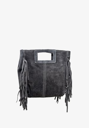 Borsa in suede grigio con manico rettangolare, caratterizzata da frange lunghe e strutturate ai lati e da una cucitura centrale che ne conferisce struttura.