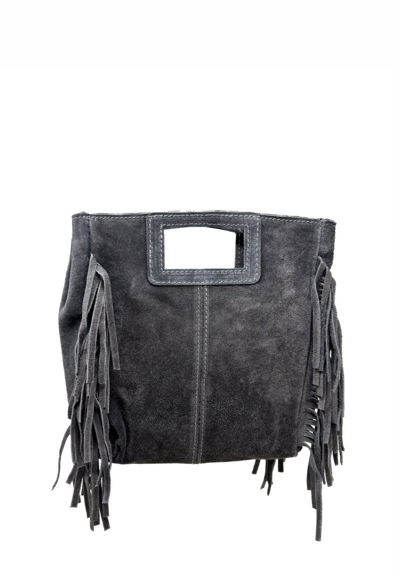 Graue Wildledertasche mit rechteckigem Griff, ausgestattet mit langen, strukturierten Fransen an den Seiten und einer zentralen Naht für Stabilität.