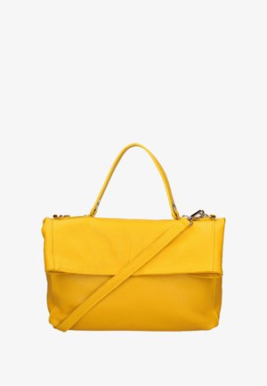 Borsa a tracolla in pelle gialla con manico superiore e tracolla regolabile. Presenta una finitura testurizzata e una chiusura a patta.