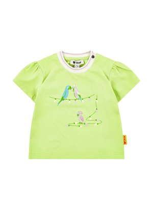 Green short-sleeve toddler T-shirt with puff sleeves, featuring a colorful bird graphic and decorative branch detail. Cotton fabric with a ribbed neckline.