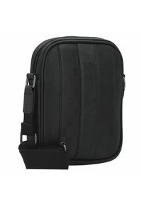 Black crossbody bag made of textured synthetic material featuring a checker pattern, zip closure, and adjustable strap.