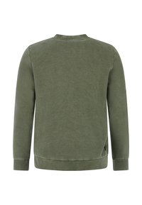 Groene sweatshirt, lange mouwen, ronde hals, zachte textuur, geribde boorden en zoom, minimalistisch ontwerp met een klein logo aan de ondernaad.