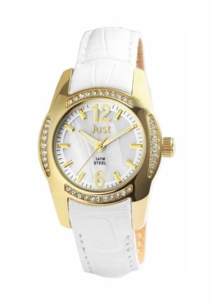 Goldfarbene Uhr mit einem weißen Lederarmband im Krokodilmuster. Das weiße Ziffernblatt verfügt über goldene Stundenmarkierungen, eine Datumsanzeige auf 6 Uhr und Kristallakzente.