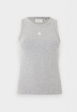 Grey ribbed sleeveless tank top with round neckline and small white Carhartt logo centered on the chest.