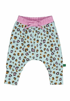 Leopardenmuster-Hose auf hellblauem Hintergrund, mit orangefarbenen, braunen und rosa Flecken. Elastischer Bund mit rosa Kordelzug.