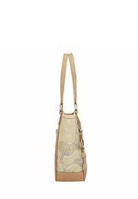 Sac à main beige avec un design floral brodé, en suède texturé et accents en cuir lisse. Comprend une bandoulière et des détails en métal.