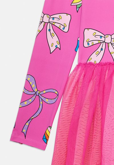 Bright pink dress with long sleeves, featuring colorful bow patterns and a layered tulle skirt. Smooth fabric with soft texture.
