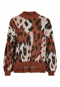 Leopard print sweater in rust, pink, and black. Knit texture with a round neckline and long sleeves. Dropped shoulders and a relaxed fit.