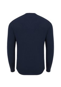 Granatowy sweter z długimi rękawami i okrągłym dekoltem, wykonany z miękkiego materiału dzianinowego, charakteryzujący się gładką teksturą i minimalistycznym wzornictwem.