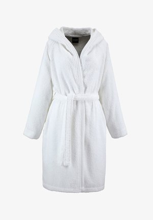 Peignoir blanc à capuche avec manches longues et ceinture à nouer à la taille, fabriqué en tissu absorbant texturé.