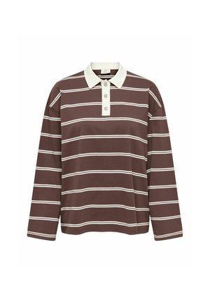 Brun langermet poloshirt med hvite horisontale striper, med hvit krage og treknappet stolpe. Myk tekstur, avslappet passform.