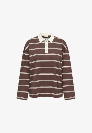 Pruun pikkade varrukatega polosärk valgete horisontaalsete triipudega, millel on valge krae ja kolme nööbiga plakee. Pehme tekstuur, lõdvestunud istuvus.