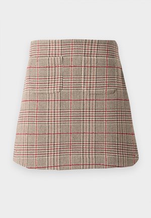 Beige kariert Minirock mit roten und dunkelbraunen Linien. Textilstruktur; zwei vordere Taschen, strukturierte A-Linien-Form.