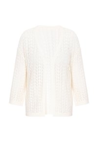 Cardigan bianco a maglia aperta con scollatura a V, maniche a tre quarti e un motivo strutturato su tutta la stoffa. Materiale in filato morbido.