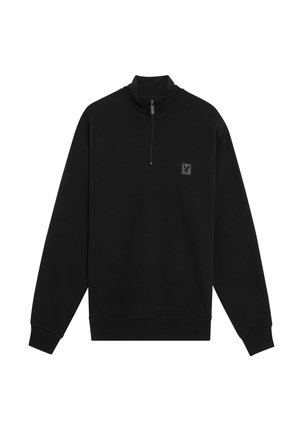 Sort sweatshirt med høj krave og kvart lynlås. Lavet af blødt stof, har lange ærmer og et lille logo patch på brystet.