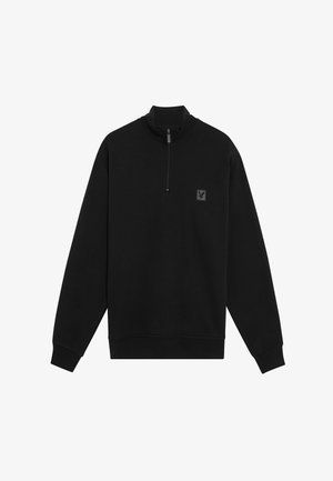 Sort sweatshirt med høj krave og kvart lynlås. Lavet af blødt stof, har lange ærmer og et lille logo patch på brystet.