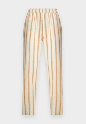 Nohavice s vysokým pásom s vertikálnymi béžovými a bielymi pruhmi, elastickým pásom a strihom s rovnými nohavicami, zobrazené na bielom pozadí.