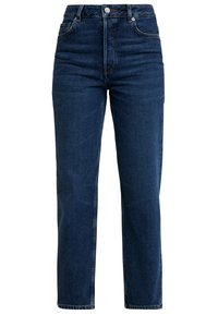 Tmavě modré džíny z denimu se střihem rovného nohavice, vysokým pasem, standardním pětiokovým designem a decentními detaily vyšívání.