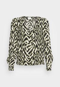 Blusa de manga longa com um padrão em zigzag preto, branco e verde. Apresenta um decote em V e mangas ajustadas com uma textura suave.