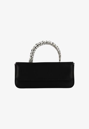 Black satin clutch bag with a curved, rhinestone-accented handle and a zip closure, featuring a smooth texture and sleek design.