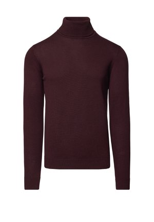 Bordowy golf z miękkiej dzianiny, z długimi rękawami oraz ściągaczami na mankietach i dole. Klasyczny dopasowany krój bez wzorów.