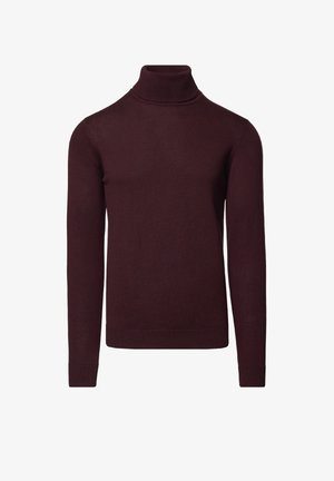 Bordowy golf z miękkiej dzianiny, z długimi rękawami oraz ściągaczami na mankietach i dole. Klasyczny dopasowany krój bez wzorów.