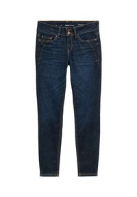 Mörkblå denimjeans med slim fit, med orange sömmar, fem fickor och en knappstängning i midjan.