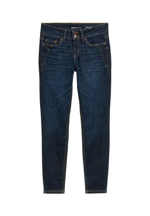 Mörkblå denimjeans med slim fit, med orange sömmar, fem fickor och en knappstängning i midjan.