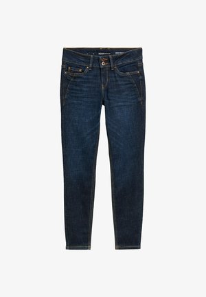 Tummansiniset denim-farkut, slim fit -mallissa, joissa on oranssia tikkausta, viisi taskua ja nappikiinnitys vyötäröllä.