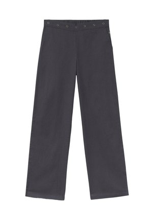 Pantalones de pierna ancha hechos de tela gris, con un frente plano y cierres de metal, con una textura suave. No hay bolsillos visibles.