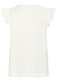Haut blanc à manches courtes avec des manches volantes, fabriqué dans un tissu léger. Surface texturée avec un col rond et un ourlet droit.
