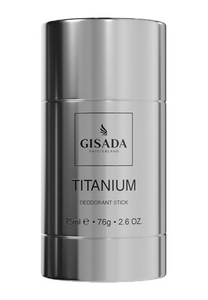 Gisada Switzerland Titanium deodorantstick in zilverkleurige verpakking, 75 ml, 76 g, 2,6 oz, met een slanke metallic afwerking.